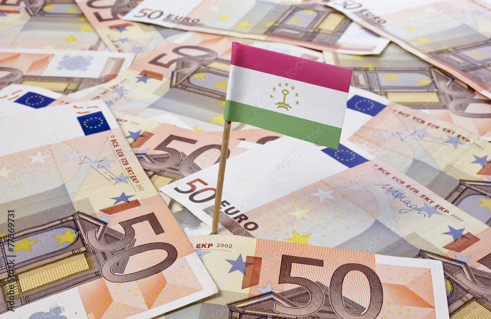 Flag of Tajikistan sticking in 50 Euro banknotes.(series) Flag of Tajikistan sticking in 50 Euro banknotes.(series)