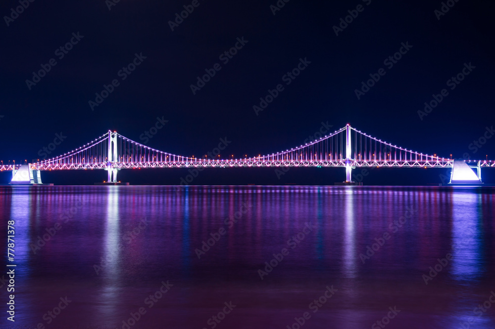 Gwangan Bridge at night in Busan, South Korea.