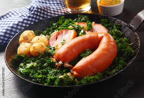 German Sausage, Pork and Potatoes on Veggies Top