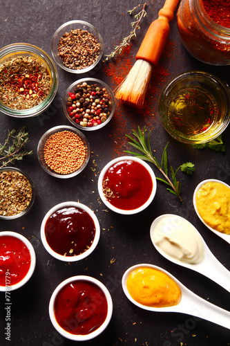 Fresh Various Spices and Sauces on the Table