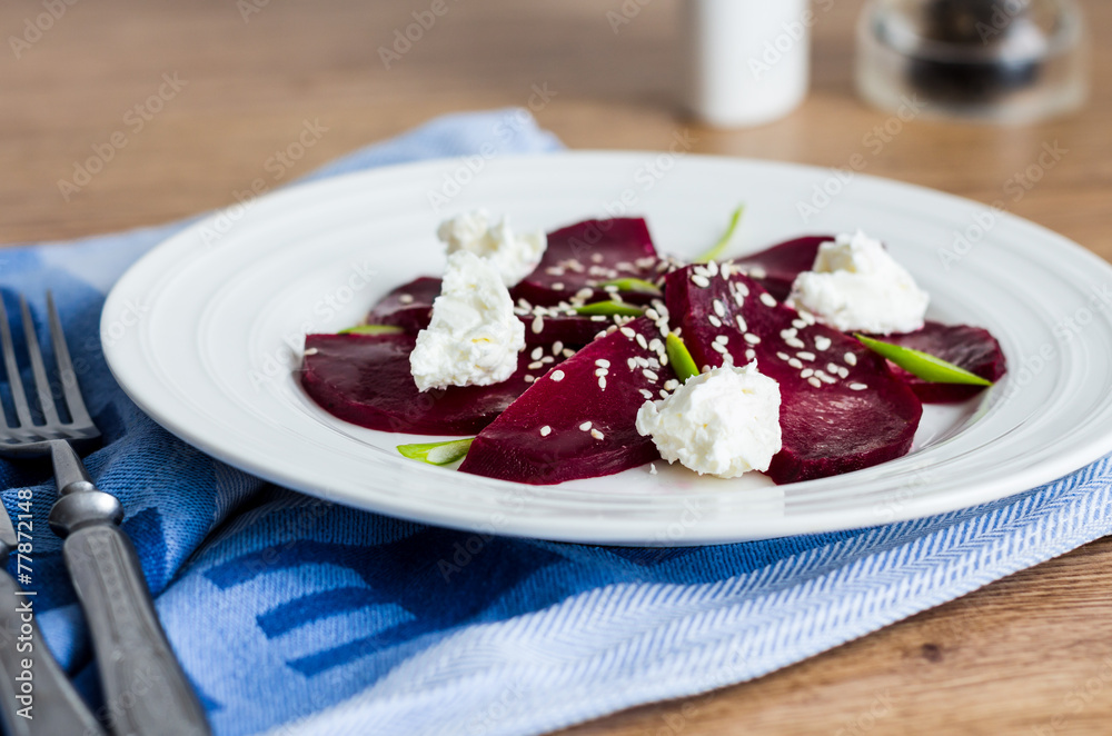 roasted beet salad with goat cheese and sesame seeds, snack roasted beet salad with goat cheese and sesame seeds, snack