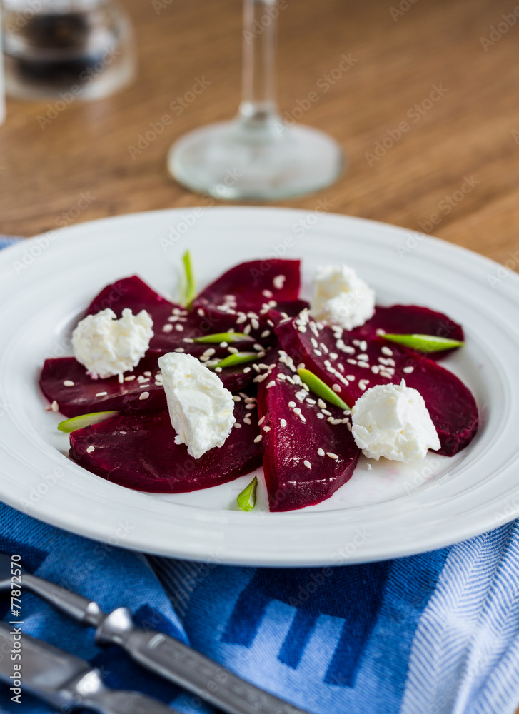 roasted beet salad with goat cheese and sesame seeds, snack roasted beet salad with goat cheese and sesame seeds, snack