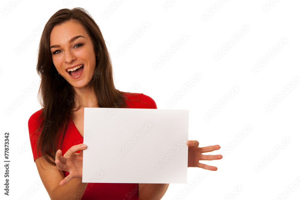 Beautiful young business woman showing a blank card isolated ove Beautiful young business woman showing a blank card isolated ove