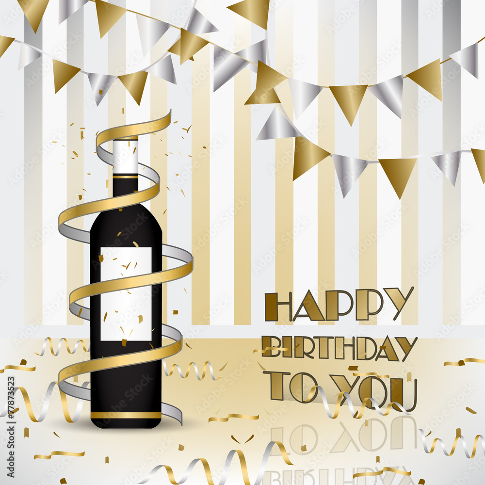 Happy birthday. Background with bottle of wine and ribbons Stock Vector