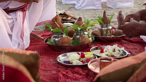 hindu brahmins preparing the place for Indian wedding ceremony w