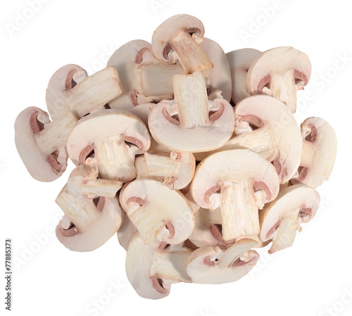 Heap of sliced mushrooms on a white