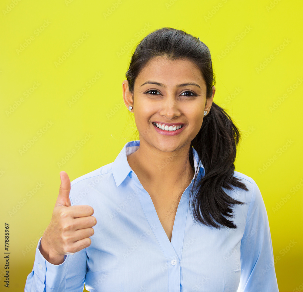 Portrait woman, student, customer giving thumbs up sign Portrait woman, student, customer giving thumbs up sign