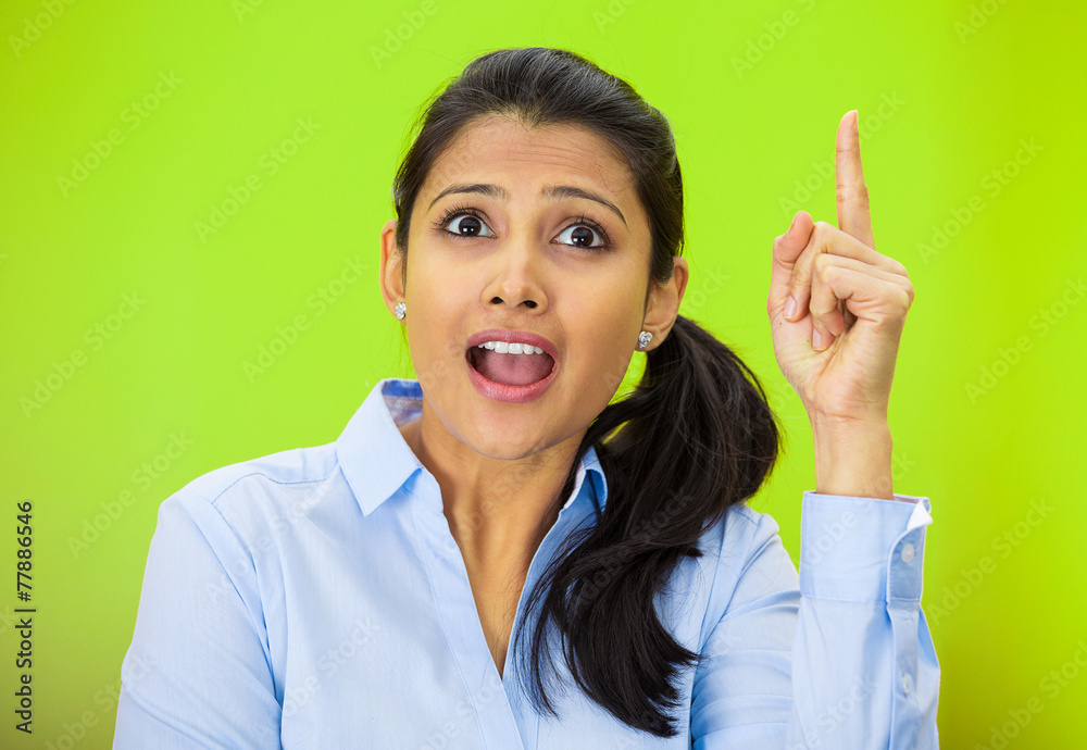 woman, showing index finger, pointing up having solution