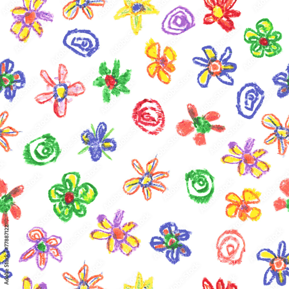 Child's drawing of flowers. Seamless pattern, vector