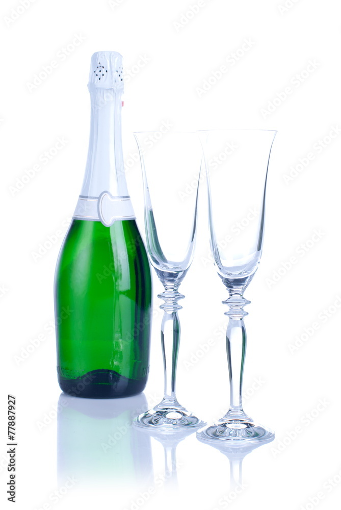 two glasses with champagne bottle isolated on a white background two glasses with champagne bottle isolated on a white background
