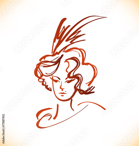 Sketch of woman face in vintage style. Vector lady portrait