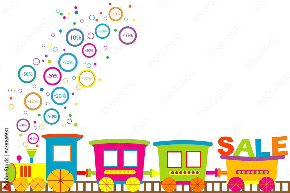 Background for discount sale with cartoon train and discount pri