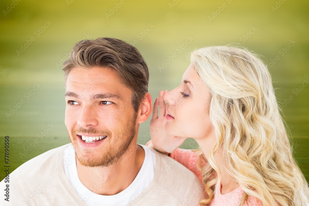Attractive blonde whispering secret to boyfriend Attractive blonde whispering secret to boyfriend