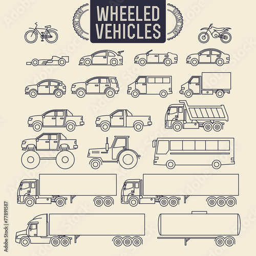 Wheeled vehicles outline icons set
