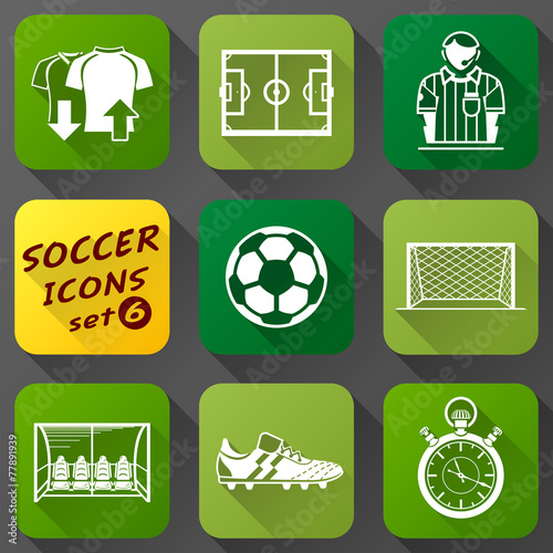 Flat icons set of soccer elements. Association football symbols