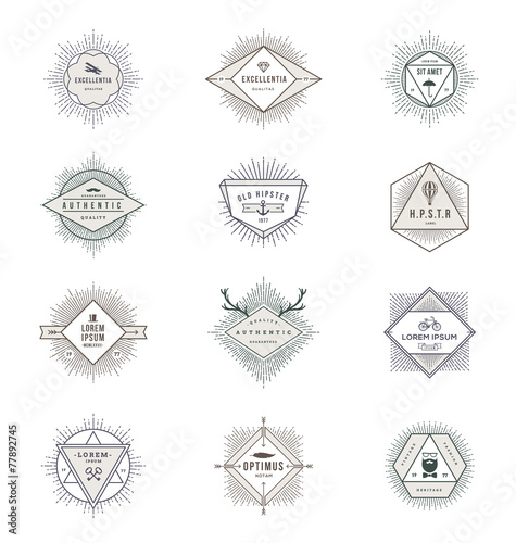 Set of sunburst line signs and emblems with hipster symbols