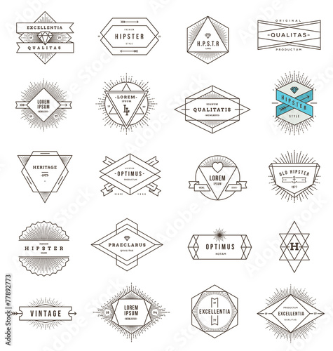 Set of hipster line emblems and signs with sunburst