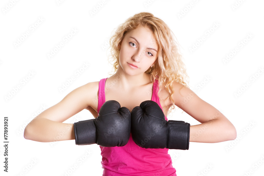 beautiful woman with the black boxing gloves.