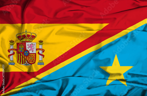 Waving flag of Congo Democratic Republic and Spain