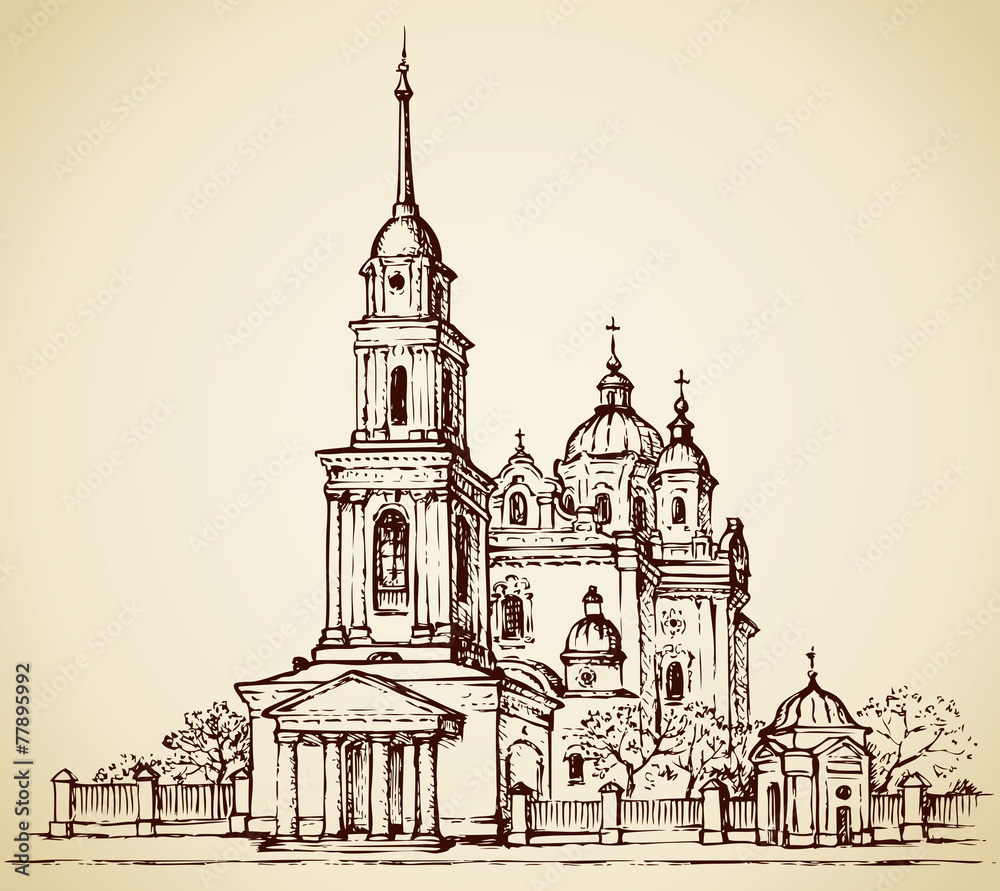 Dormition Cathedral, Poltava, Ukraine. Vector sketch
