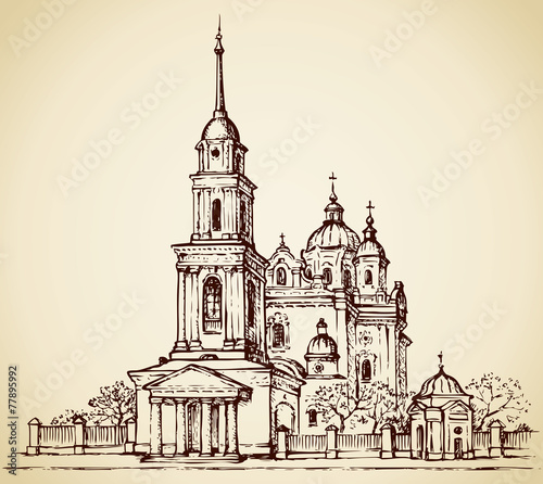 Dormition Cathedral, Poltava, Ukraine. Vector sketch