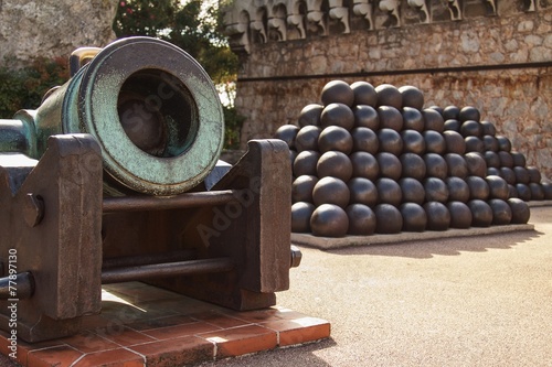 Elements of antique cannon and balls in Monte Carlo, Monaco
