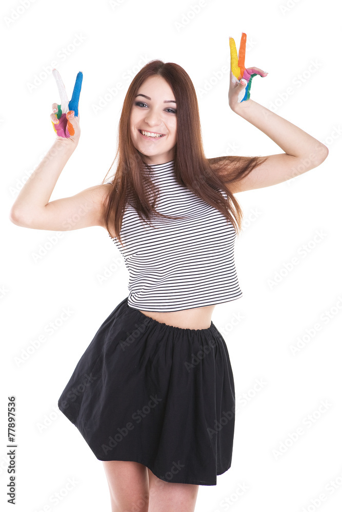 Beautiful happines girl with hands in the paint. Beautiful happines girl with hands in the paint.