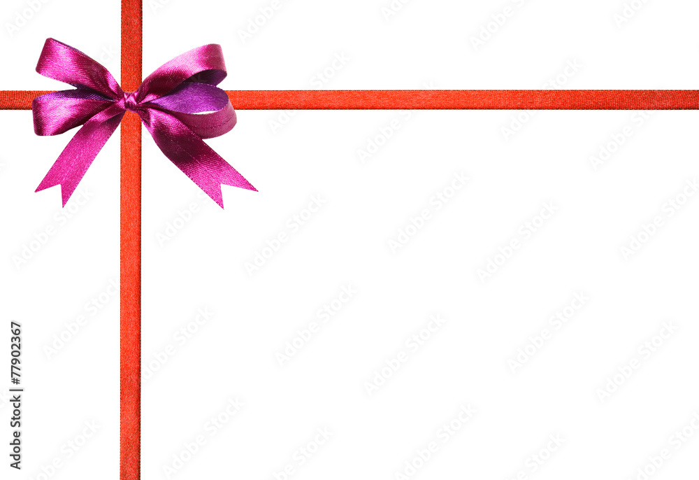 Red ribbon and violet bow. Isolated on the white background Red ribbon and violet bow. Isolated on the white background
