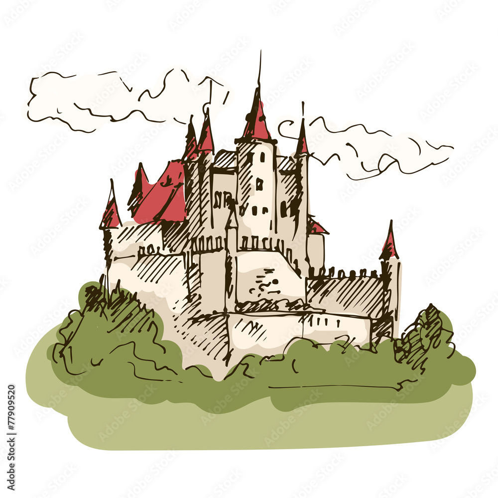 Hand drawn medieval castle. Vector illustration.