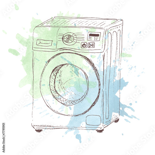 Sketch of washing mashine on watercolor spot