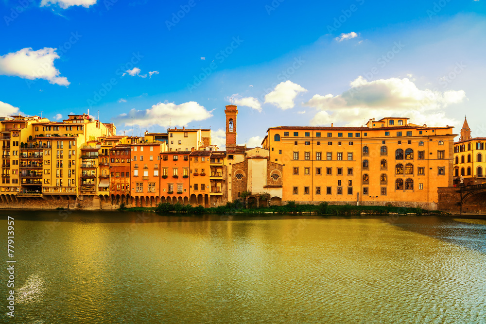Fototapeta premium Arno river and buildings architecture landmark on sunset. Floren