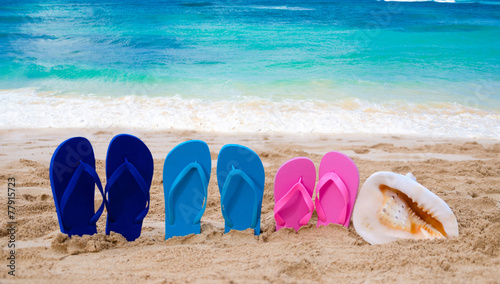 Color Flip flops next to ocean