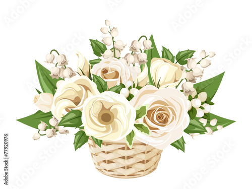 Fototapeta Naklejka Na Ścianę i Meble -  White roses, lisianthuses and lily of the valley in basket.