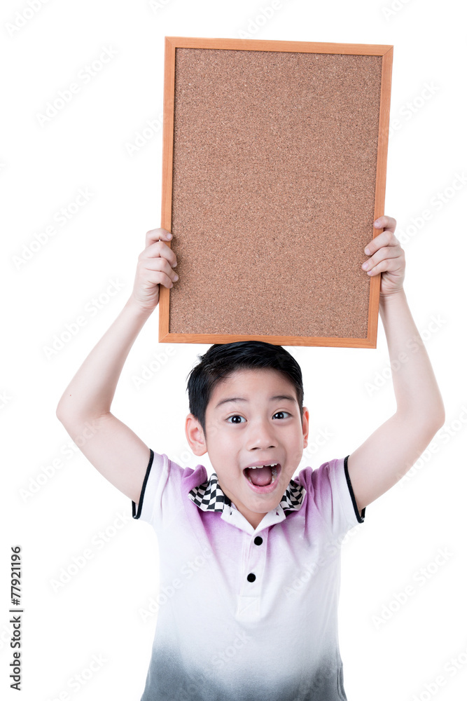 Portrait of Asian little boy hold wood board on white background Portrait of Asian little boy hold wood board on white background