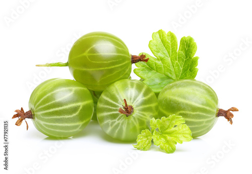 Ripe green gooseberry with leaf isolated photo