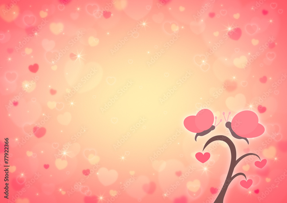 Butterfly and love heart tree cartoon on blur light red heart bo