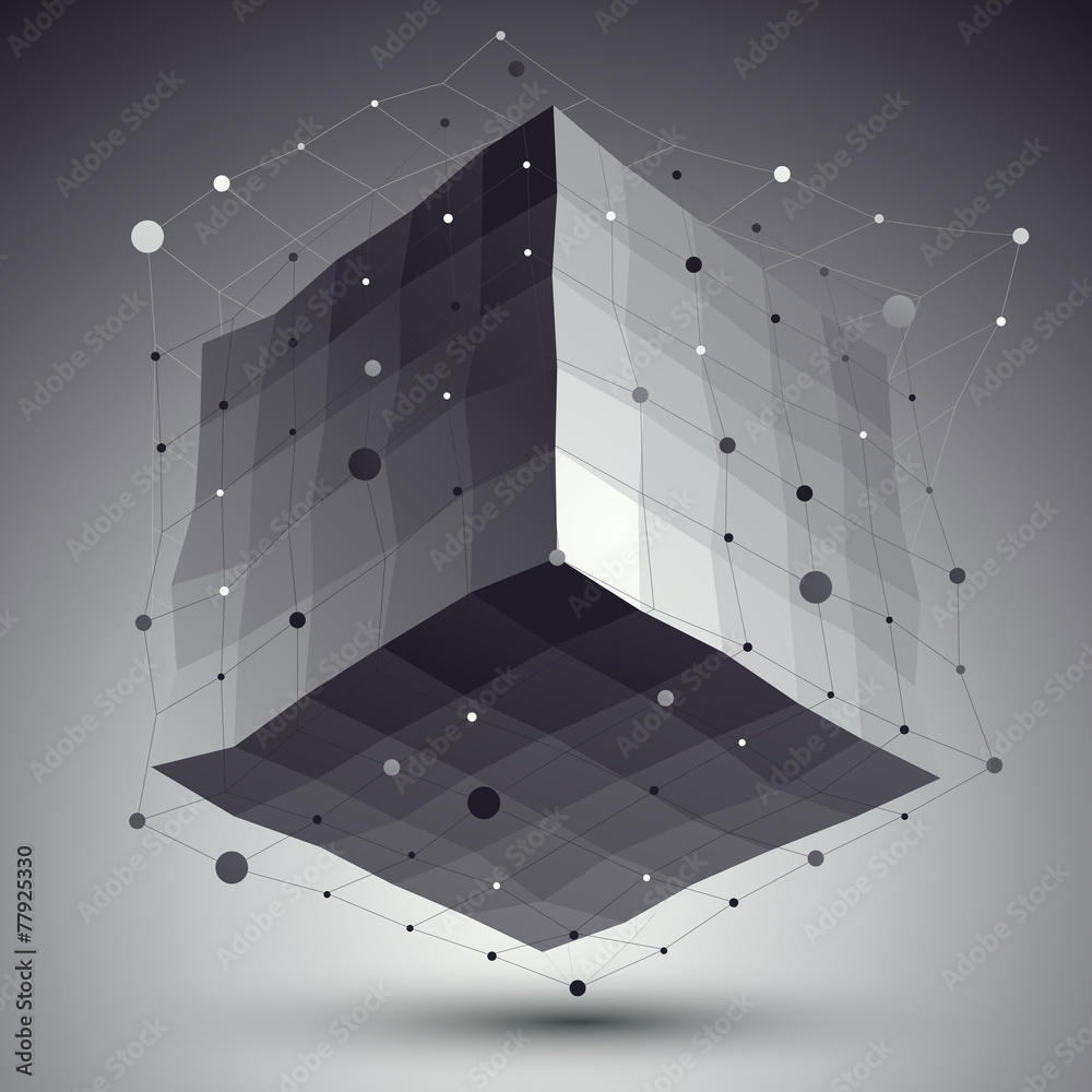Obraz premium Abstract deformed vector monochrome cube with lines mesh placed