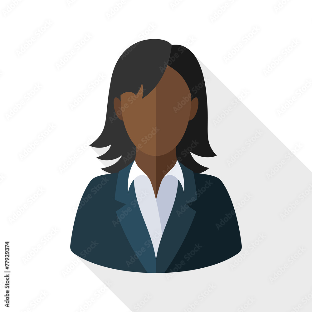 Black female user icon with long shadow on white background