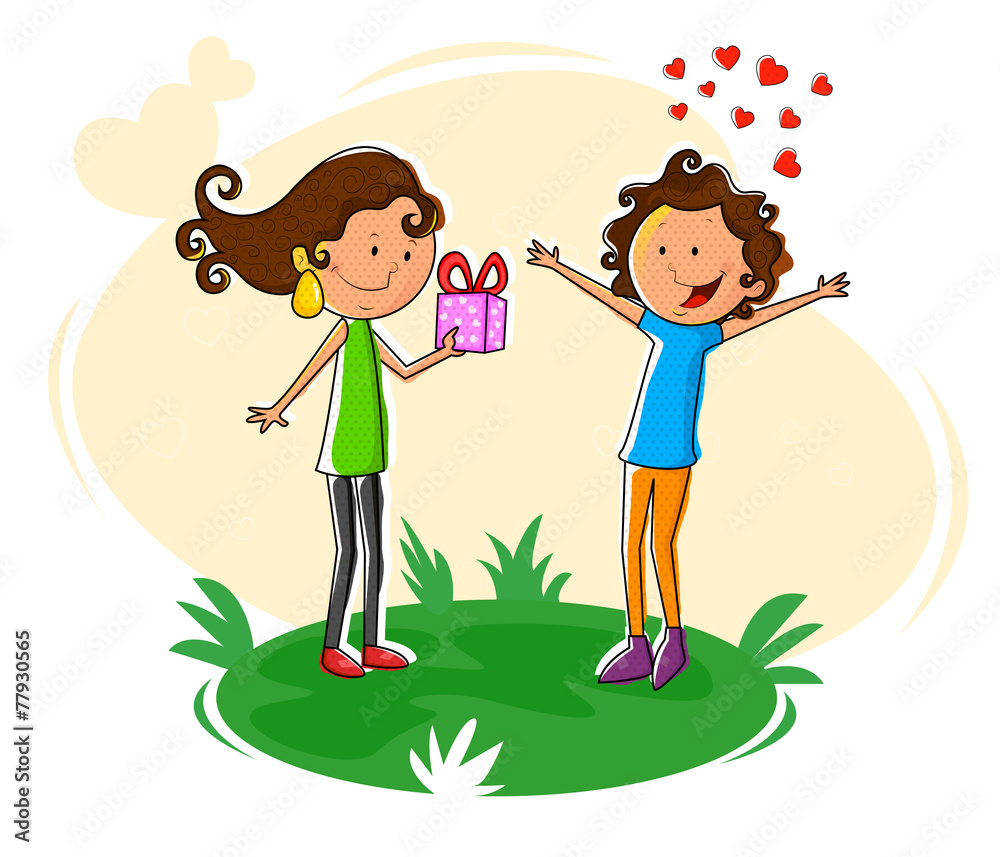 Girl giving gift to boy for Valentine's Day