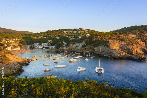 Sunset in the small bay of Cala Vedella, Ibiza island.