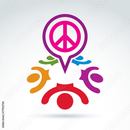 People chat on harmony idea.  Conceptual  antiwar sign from 60th