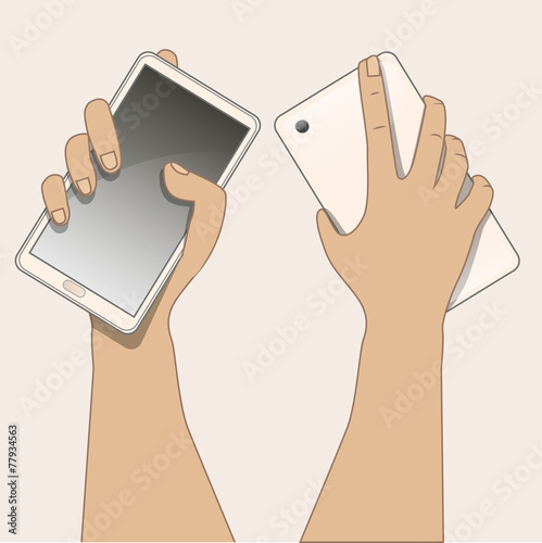 Hand holding a mobile phone. Front and back view.