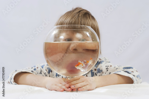 Kind hinter Glas mit Goldfischen photo