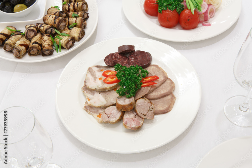 Catering - served table with meat snacks Catering - served table with meat snacks