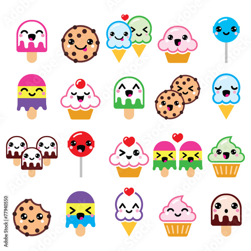 Cute Kawaii food characters - cupcake, ice-cream, cookie