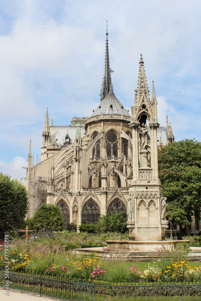 View of Cathedral Notre Dame de Paris - a most famous Gothic, Roman Catholic cathedral (1163 - 1345) on the eastern half of the Cite Island.