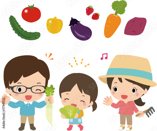 家庭菜園の野菜を収穫する家族