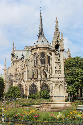 View of Cathedral Notre Dame de Paris - a most famous Gothic, Roman Catholic cathedral (1163 - 1345) on the eastern half of the Cite Island.