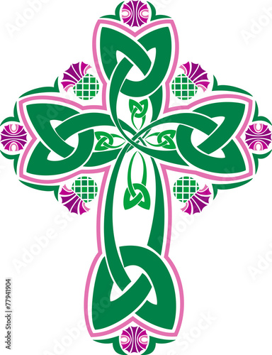 Vector imade Celtic cross with flowers of thistles