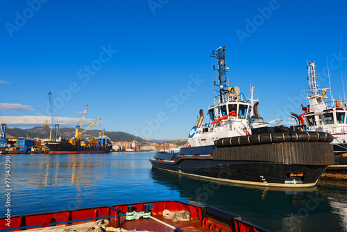 Two Tugboats and Containers Ship